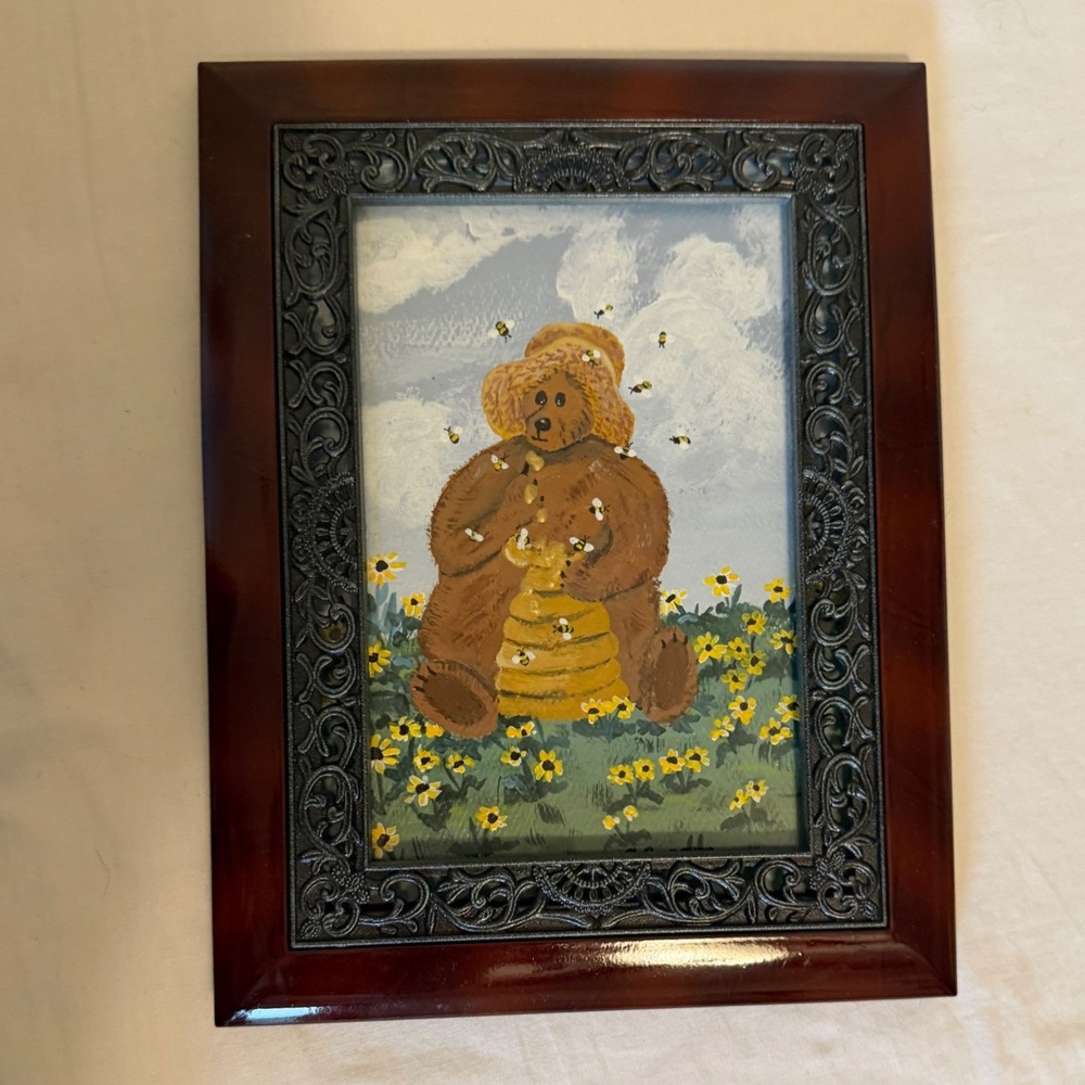 Vintage 1999 S Carollo Honey Bear Hand Painted Folk Art Framed 6x8 Cottagecore